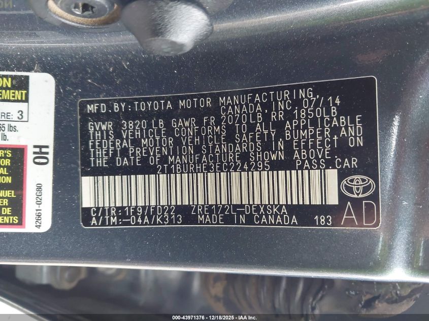 2014 Toyota Corolla S Plus VIN: 2T1BURHE3EC224295 Lot: 43971376