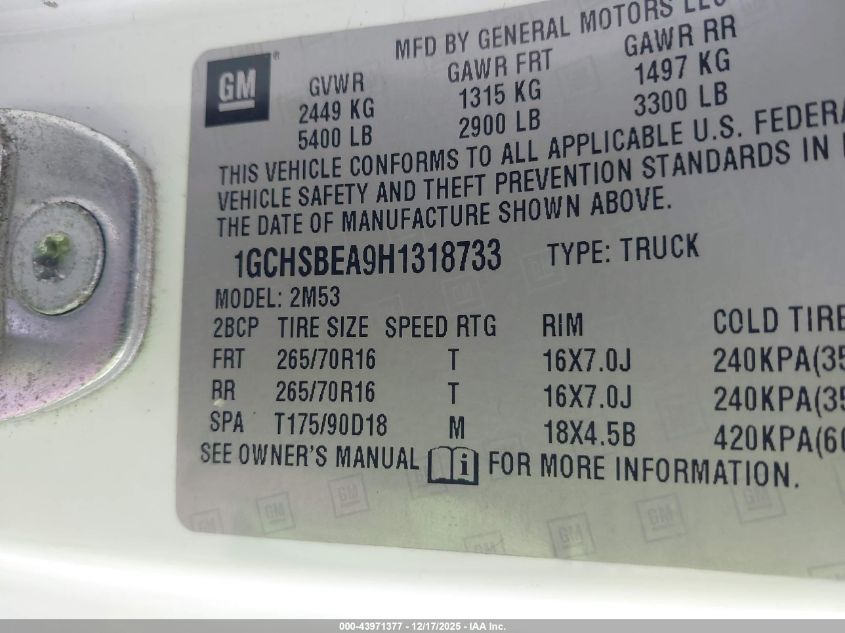 2017 Chevrolet Colorado Wt VIN: 1GCHSBEA9H1318733 Lot: 43971377