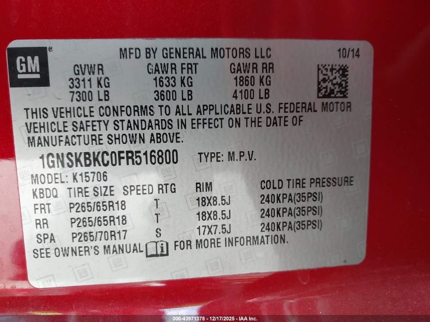 2015 Chevrolet Tahoe Lt VIN: 1GNSKBKC0FR516800 Lot: 43971378