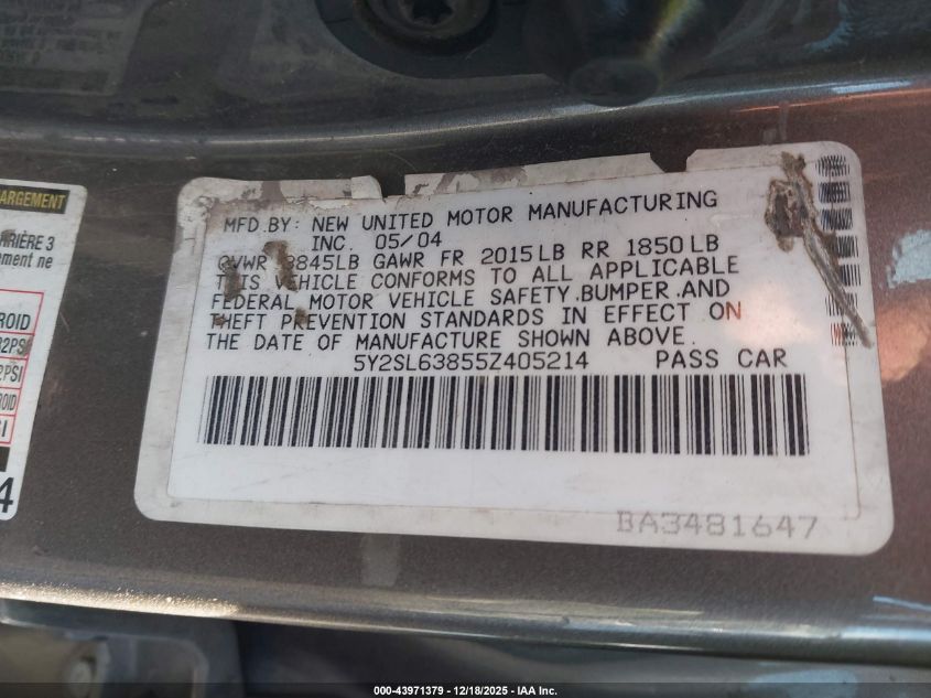 2005 Pontiac Vibe VIN: 5Y2SL63855Z405214 Lot: 43971379