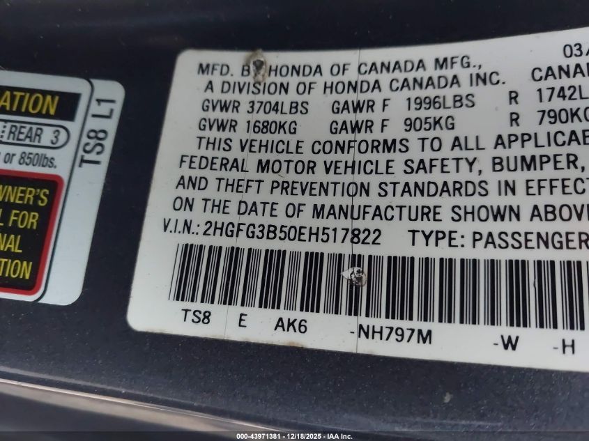 2014 Honda Civic Lx VIN: 2HGFG3B50EH517822 Lot: 43971381