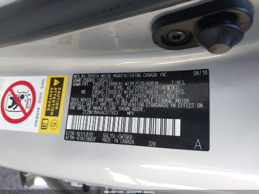 2010 Lexus Rx 350 VIN: 2T2BK1BA4AC077603 Lot: 43971385