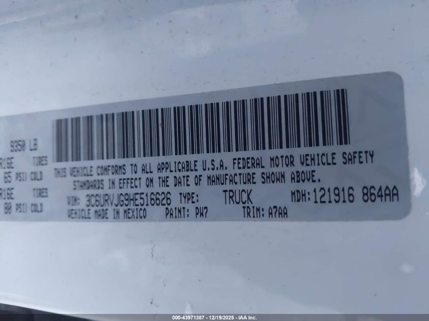 2017 Ram Promaster 3500 Cargo Van High Roof 159 Wb Ext VIN: 3C6URVJG9HE516626 Lot: 43971387