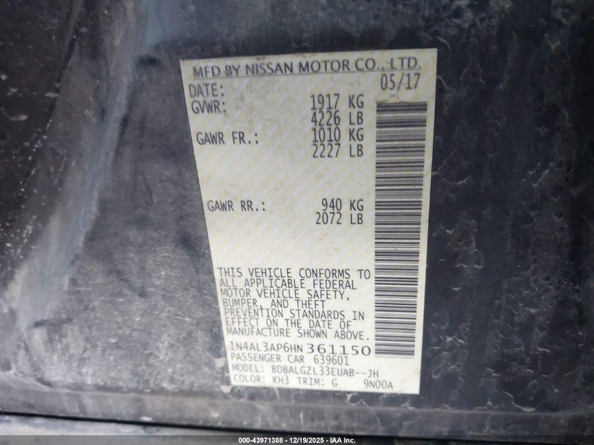 2017 Nissan Altima 2.5 S VIN: 1N4AL3AP6HN361150 Lot: 43971388