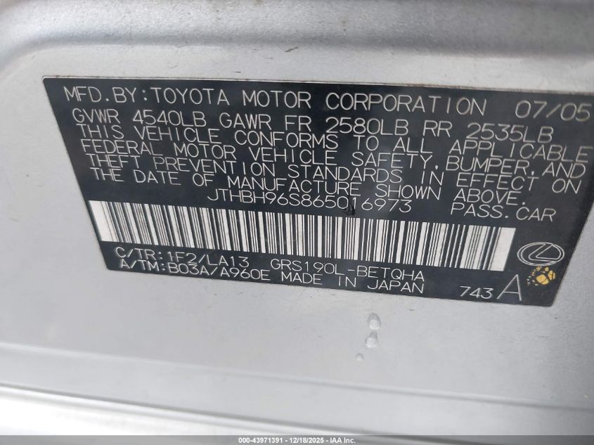 2006 Lexus Gs 300 VIN: JTHBH96S865016973 Lot: 43971391