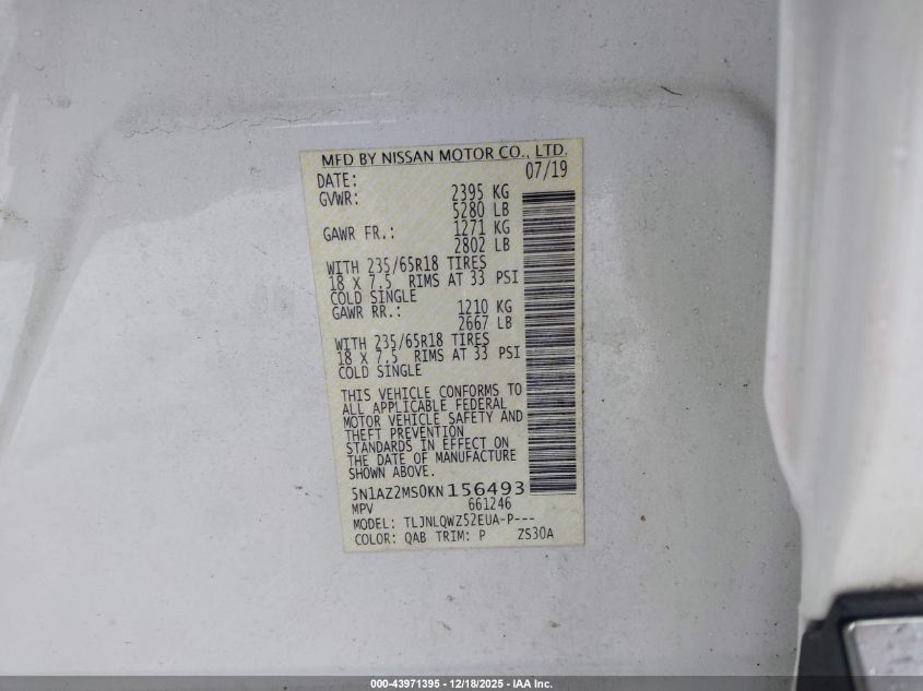 2019 Nissan Murano Sv VIN: 5N1AZ2MS0KN156493 Lot: 43971395
