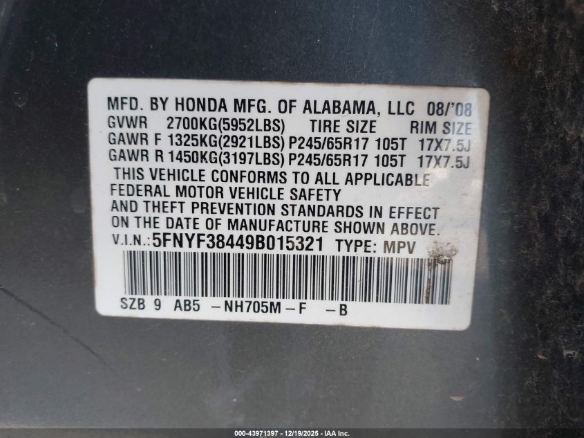 2009 Honda Pilot Ex VIN: 5FNYF38449B015321 Lot: 43971397