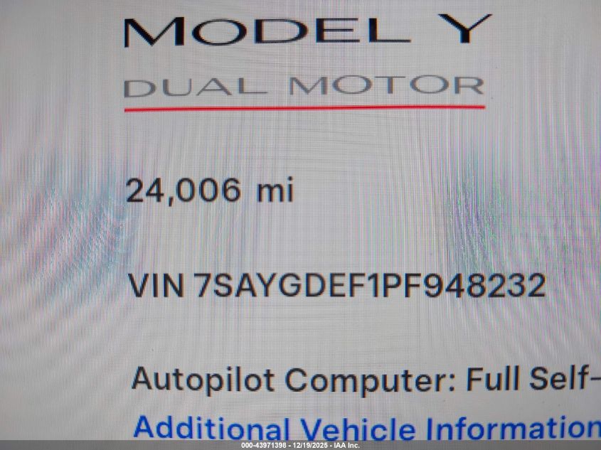 2023 Tesla Model Y Performance Dual Motor All-Wheel Drive VIN: 7SAYGDEF1PF948232 Lot: 43971398