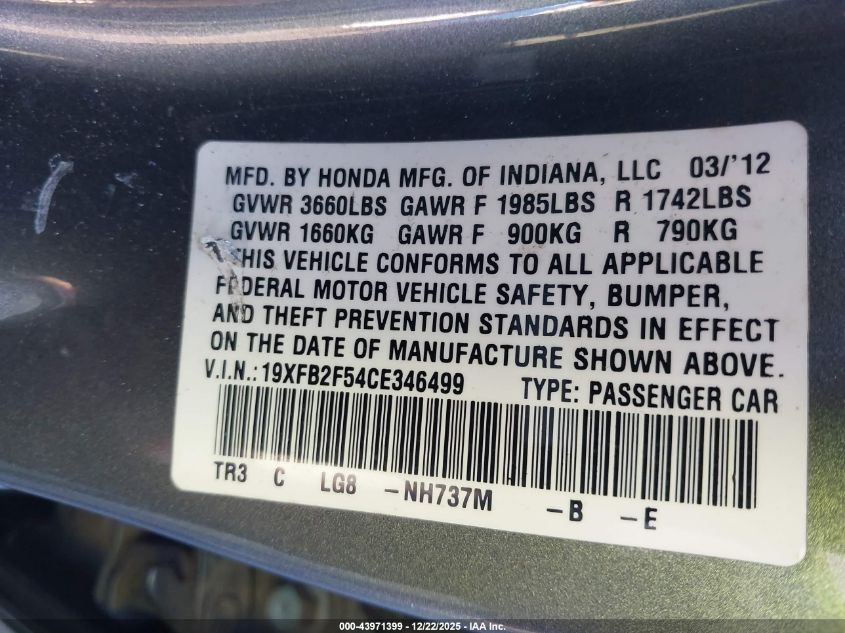 2012 Honda Civic Lx VIN: 19XFB2F54CE346499 Lot: 43971399