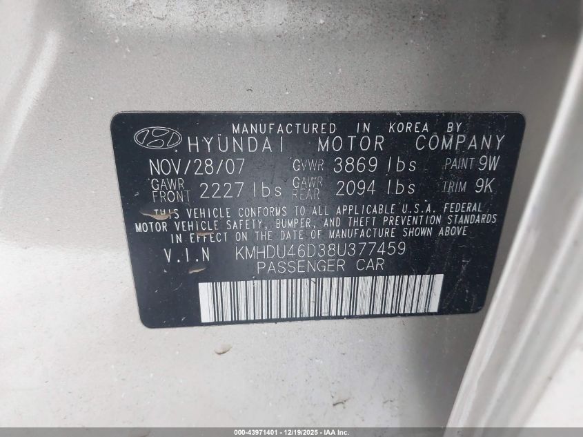 2008 Hyundai Elantra Gls/Se VIN: KMHDU46D38U377459 Lot: 43971401