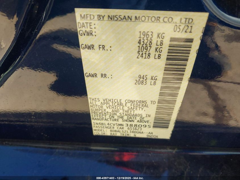 2021 Nissan Altima Sr Fwd VIN: 1N4BL4CV5MN388095 Lot: 43971403