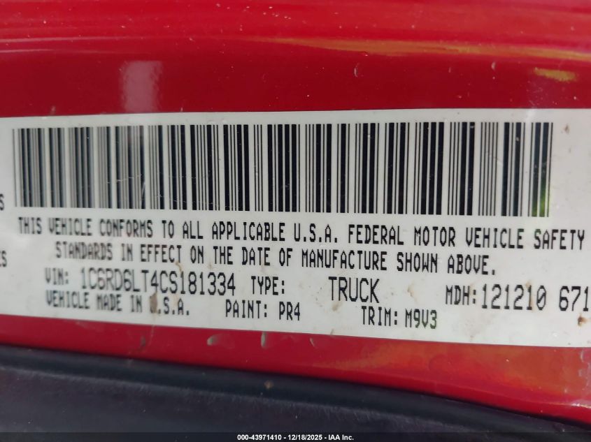 2012 Ram 1500 Slt VIN: 1C6RD6LT4CS181334 Lot: 43971410