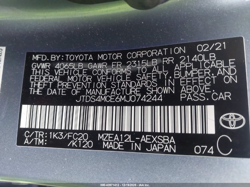 2021 Toyota Corolla Se VIN: JTDS4MCE6MJ074244 Lot: 43971412