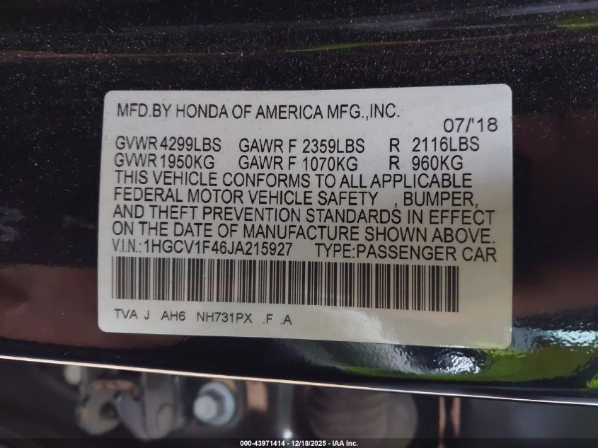 2018 Honda Accord Ex VIN: 1HGCV1F46JA215927 Lot: 43971414