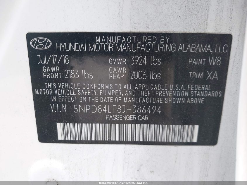 2018 Hyundai Elantra Sel VIN: 5NPD84LF8JH386494 Lot: 43971417