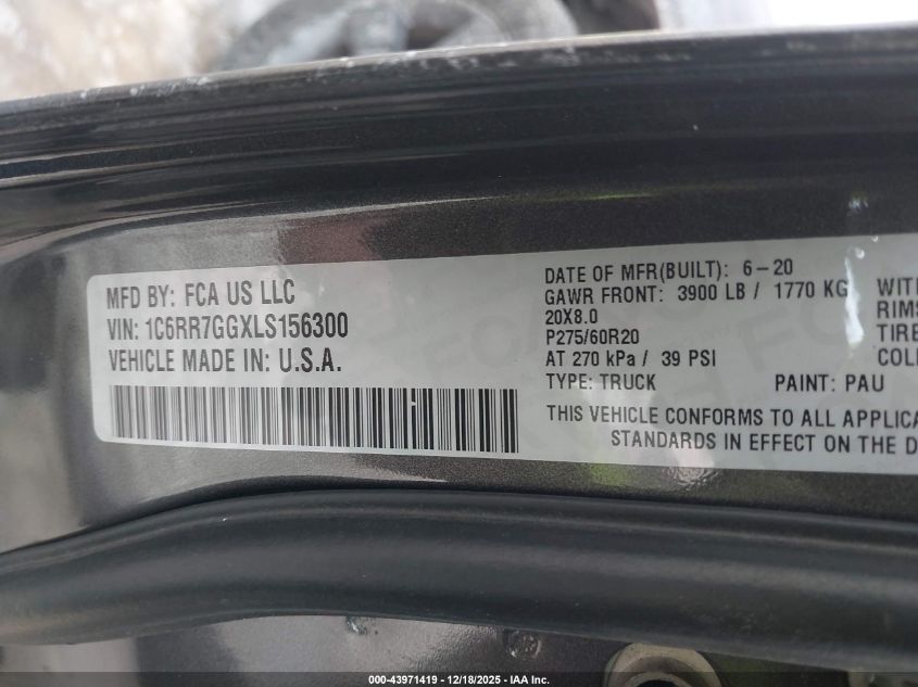 2020 Ram 1500 Classic Warlock 4X4 6'4 Box VIN: 1C6RR7GGXLS156300 Lot: 43971419