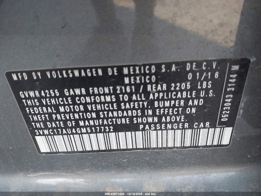 2016 Volkswagen Golf Sportwagen Tsi S 4-Door VIN: 3VWC17AU4GM517732 Lot: 43971420