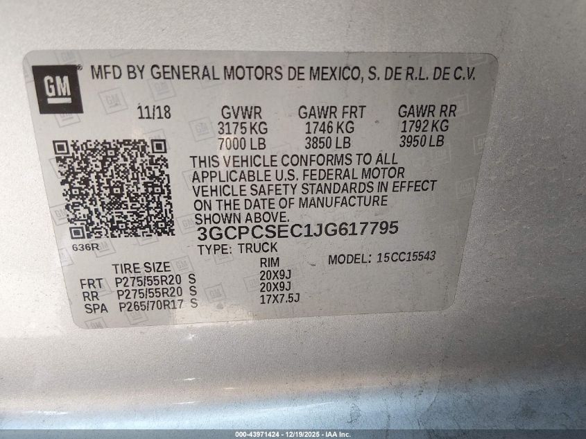 2018 Chevrolet Silverado 1500 1Lz VIN: 3GCPCSEC1JG617795 Lot: 43971424