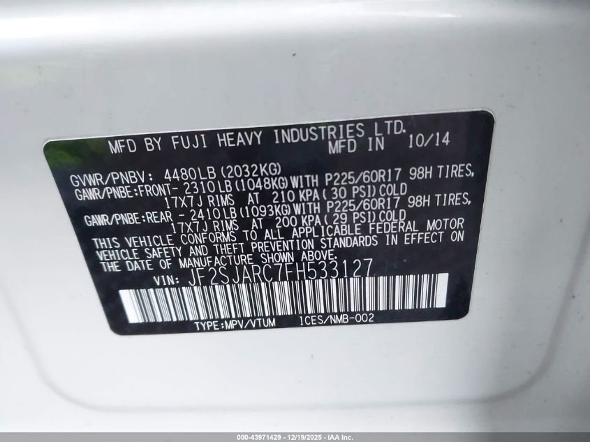 2015 Subaru Forester 2.5I Limited VIN: JF2SJARC7FH533127 Lot: 43971429