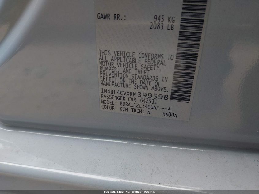 2024 Nissan Altima Sr Fwd VIN: 1N4BL4CVXRN399598 Lot: 43971432