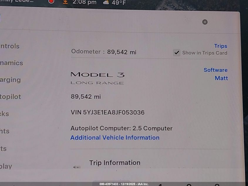 2018 Tesla Model 3 Long Range/Mid Range VIN: 5YJ3E1EA8JF053036 Lot: 43971433