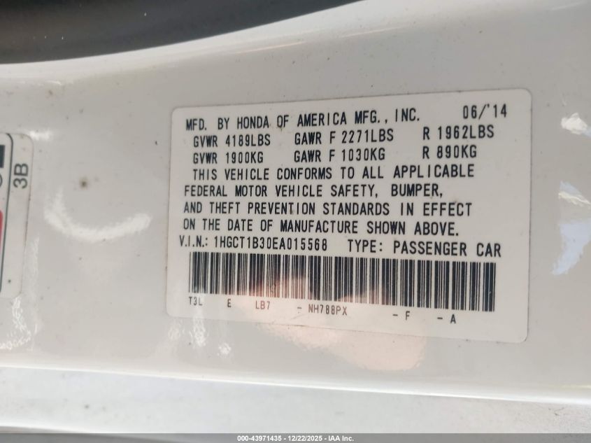 2014 Honda Accord Lx-S VIN: 1HGCT1B30EA015568 Lot: 43971435