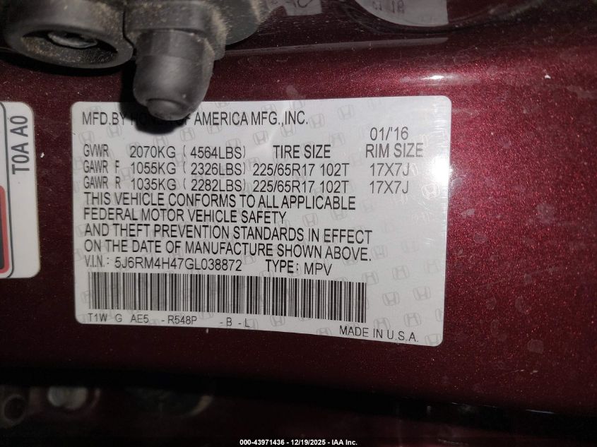 2016 Honda Cr-V Se VIN: 5J6RM4H47GL038872 Lot: 43971436