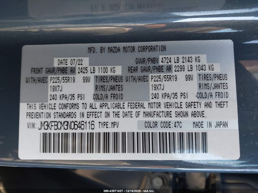 2022 Mazda Cx-5 2.5 S Carbon Edition VIN: JM3KFBCM3N0646116 Lot: 43971437