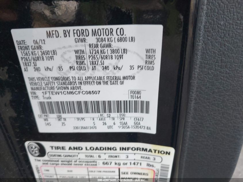 2012 Ford F-150 Xlt VIN: 1FTEW1CM6CFC08507 Lot: 43971439