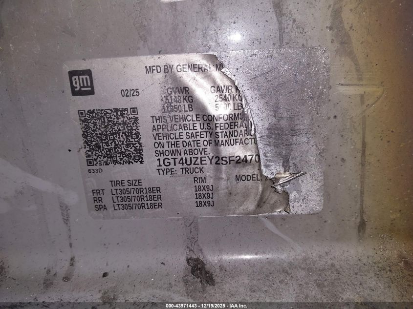 2025 GMC Sierra 2500Hd 4Wd Standard Bed At4X VIN: 1GT4UZEY2SF247092 Lot: 43971443