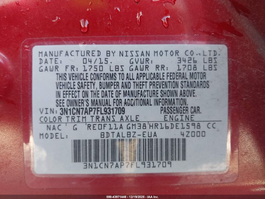 2015 Nissan Versa 1.6 Sv VIN: 3N1CN7AP7FL931709 Lot: 43971446