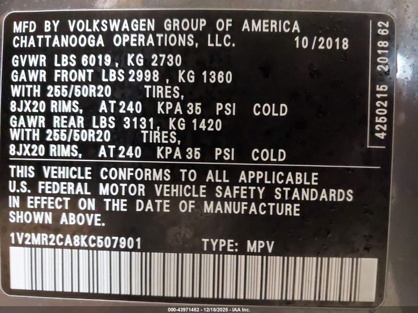 2019 Volkswagen Atlas 3.6L V6 Sel VIN: 1V2MR2CA8KC507901 Lot: 43971452