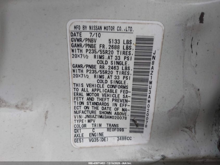 2010 Nissan Murano Le VIN: JN8AZ1MU3AW020078 Lot: 43971453