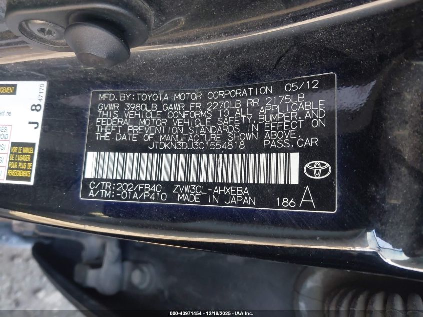 2012 Toyota Prius Two VIN: JTDKN3DU3C1554818 Lot: 43971454