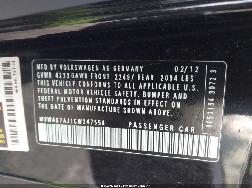 2012 Volkswagen Golf 2.5L 2-Door VIN: WVWAB7AJ1CW247558 Lot: 43971461