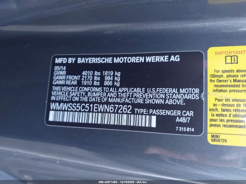 2014 Mini Paceman Cooper S VIN: WMWSS5C51EWN67262 Lot: 43971462