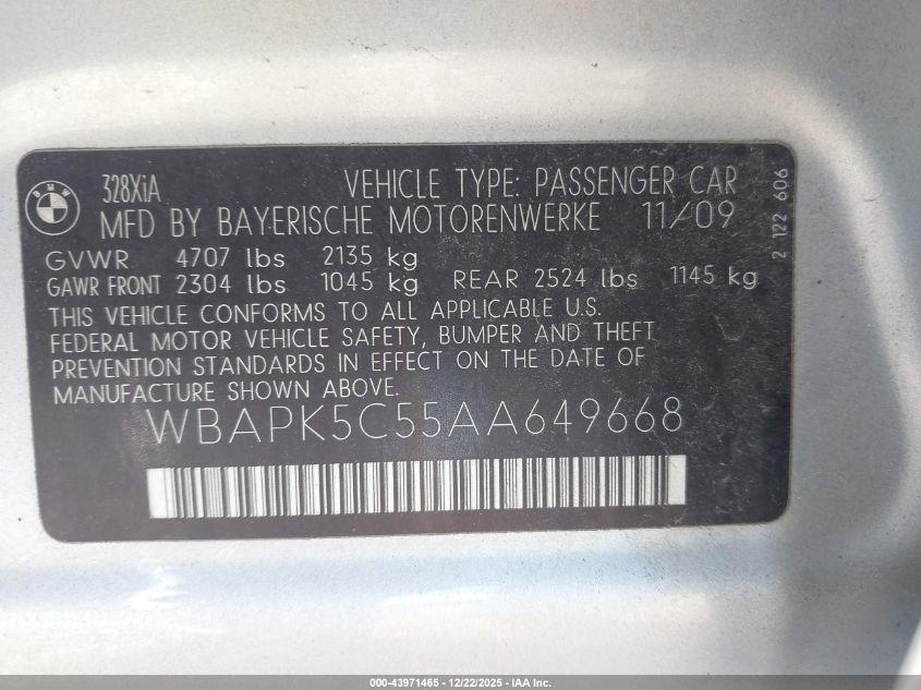 2010 BMW 328I xDrive VIN: WBAPK5C55AA649668 Lot: 43971465