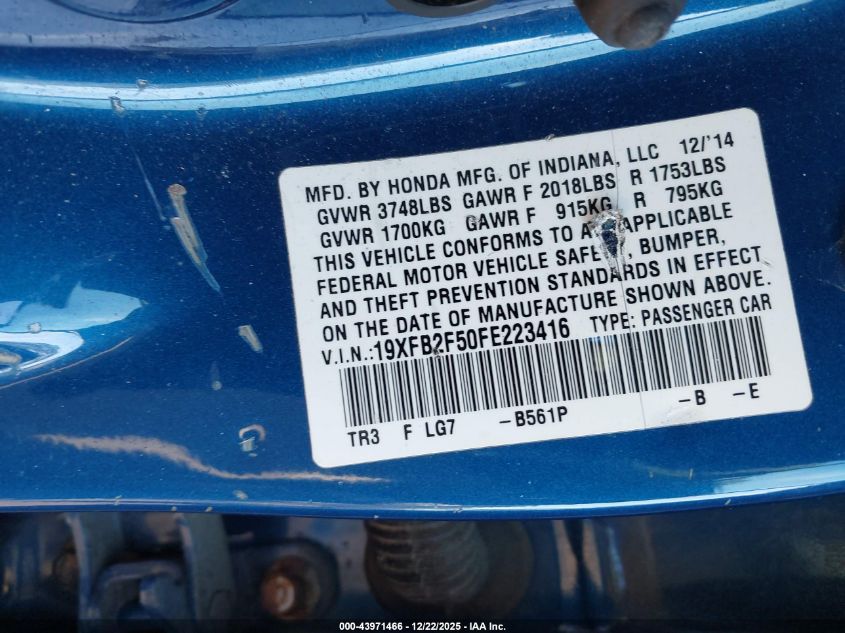 2015 Honda Civic Lx VIN: 19XFB2F50FE223416 Lot: 43971466