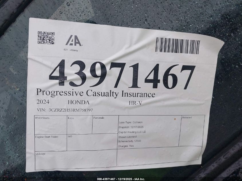 2024 Honda Hr-V Awd Sport/Awd Sport W/O Bsi VIN: 3CZRZ2H53RM758797 Lot: 43971467