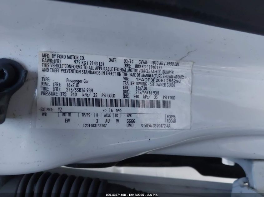 2014 Ford Focus Se VIN: 1FADP3F20EL285298 Lot: 43971468