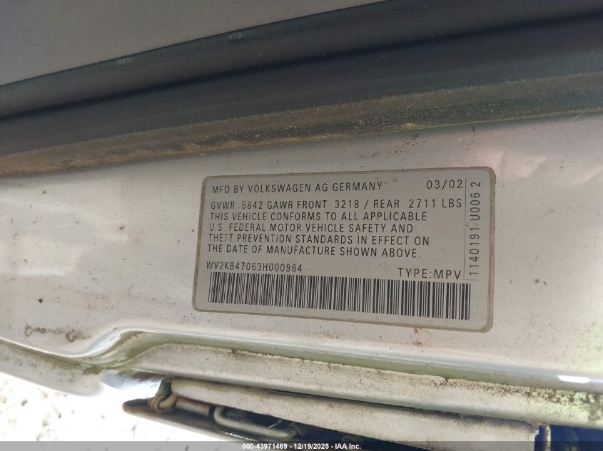 2003 Volkswagen Eurovan Gls VIN: WV2KB47063H000964 Lot: 43971469