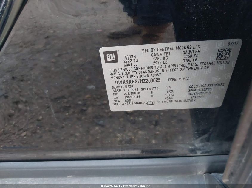 2017 Cadillac Xt5 Standard VIN: 1GYKNARS7HZ263625 Lot: 43971471