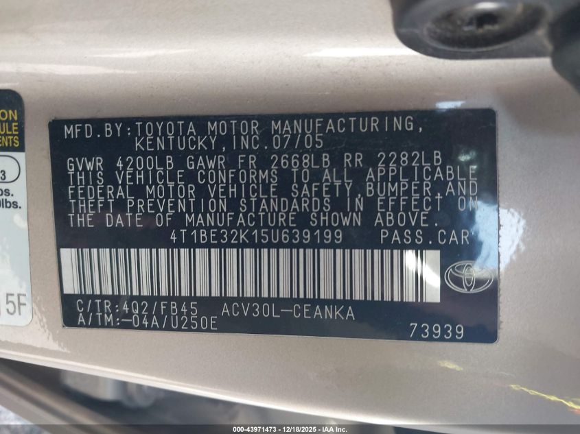 2005 Toyota Camry Le VIN: 4T1BE32K15U639199 Lot: 43971473