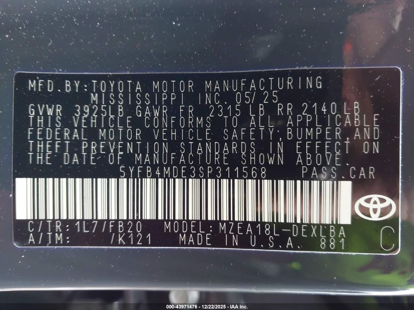 2025 Toyota Corolla Le VIN: 5YFB4MDE3SP311568 Lot: 43971476