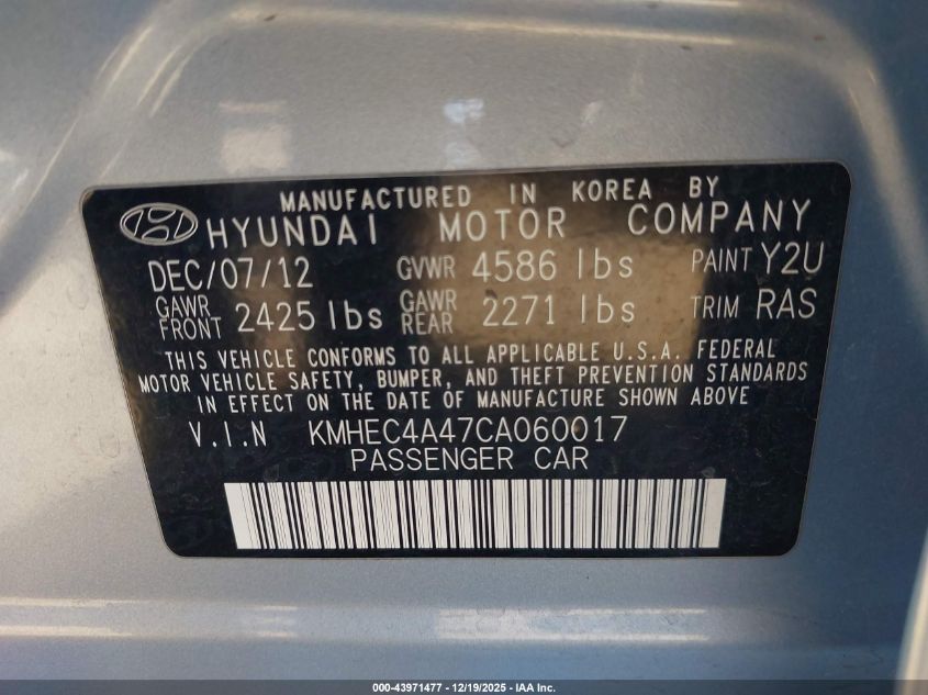 2012 Hyundai Sonata Hybrid VIN: KMHEC4A47CA060017 Lot: 43971477