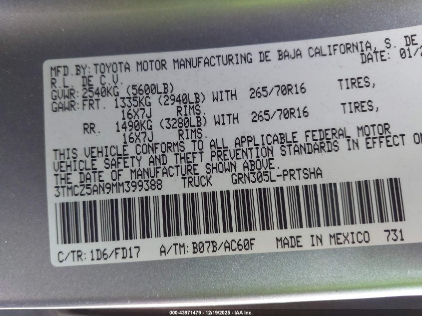 2021 Toyota Tacoma Trd Off-Road VIN: 3TMCZ5AN9MM399388 Lot: 43971479