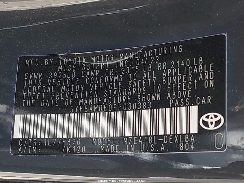 2023 Toyota Corolla Le VIN: 5YFB4MDE0PP030383 Lot: 43971482