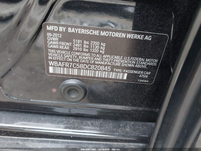 2013 BMW 535I VIN: WBAFR7C58DC820845 Lot: 43971485