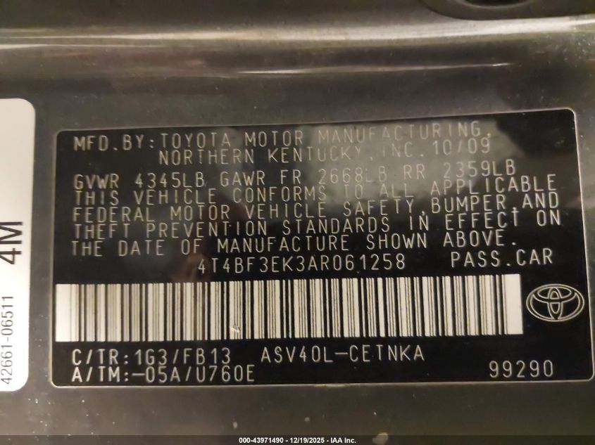 2010 Toyota Camry Le VIN: 4T4BF3EK3AR061258 Lot: 43971490