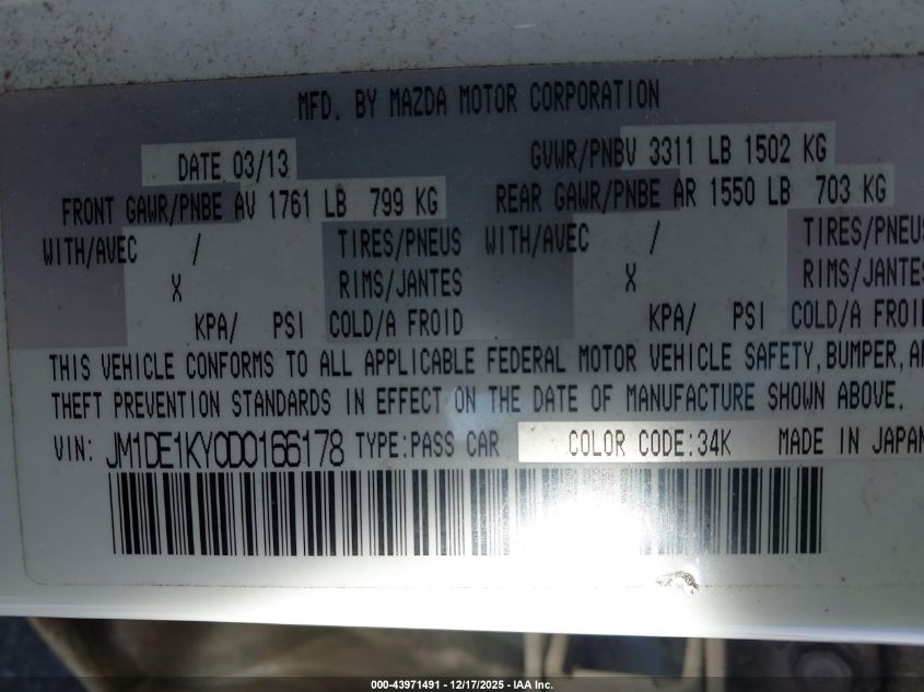 2013 Mazda Mazda2 Sport VIN: JM1DE1KY0D0166178 Lot: 43971491